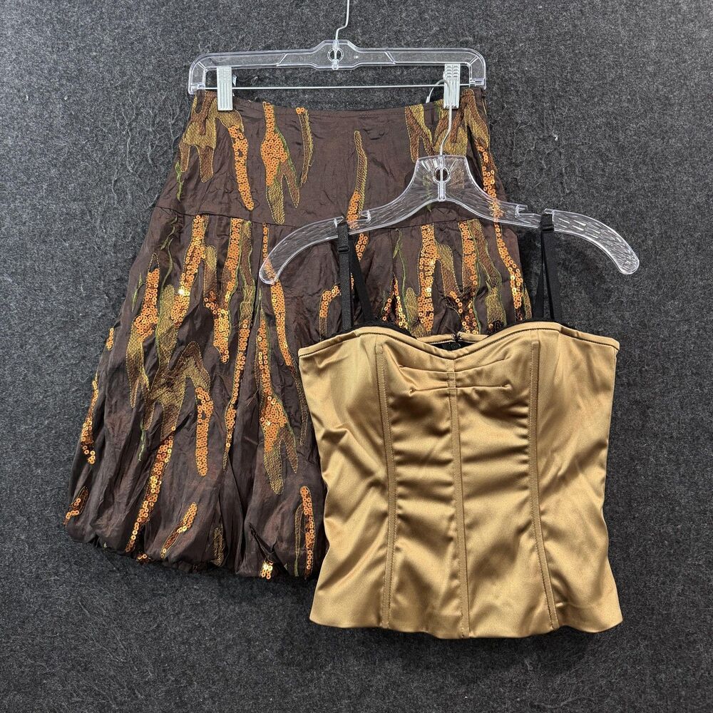 Runway Top Skirt Set Women's Medium Brown Gold Satin Sweetheart Sequin Virtual